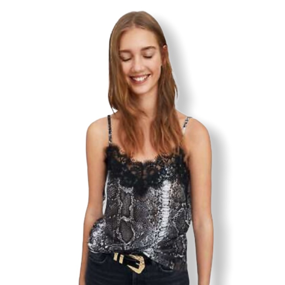 NWT - ZARA Python Print Stretch Camisole with Black Eyelash Lace